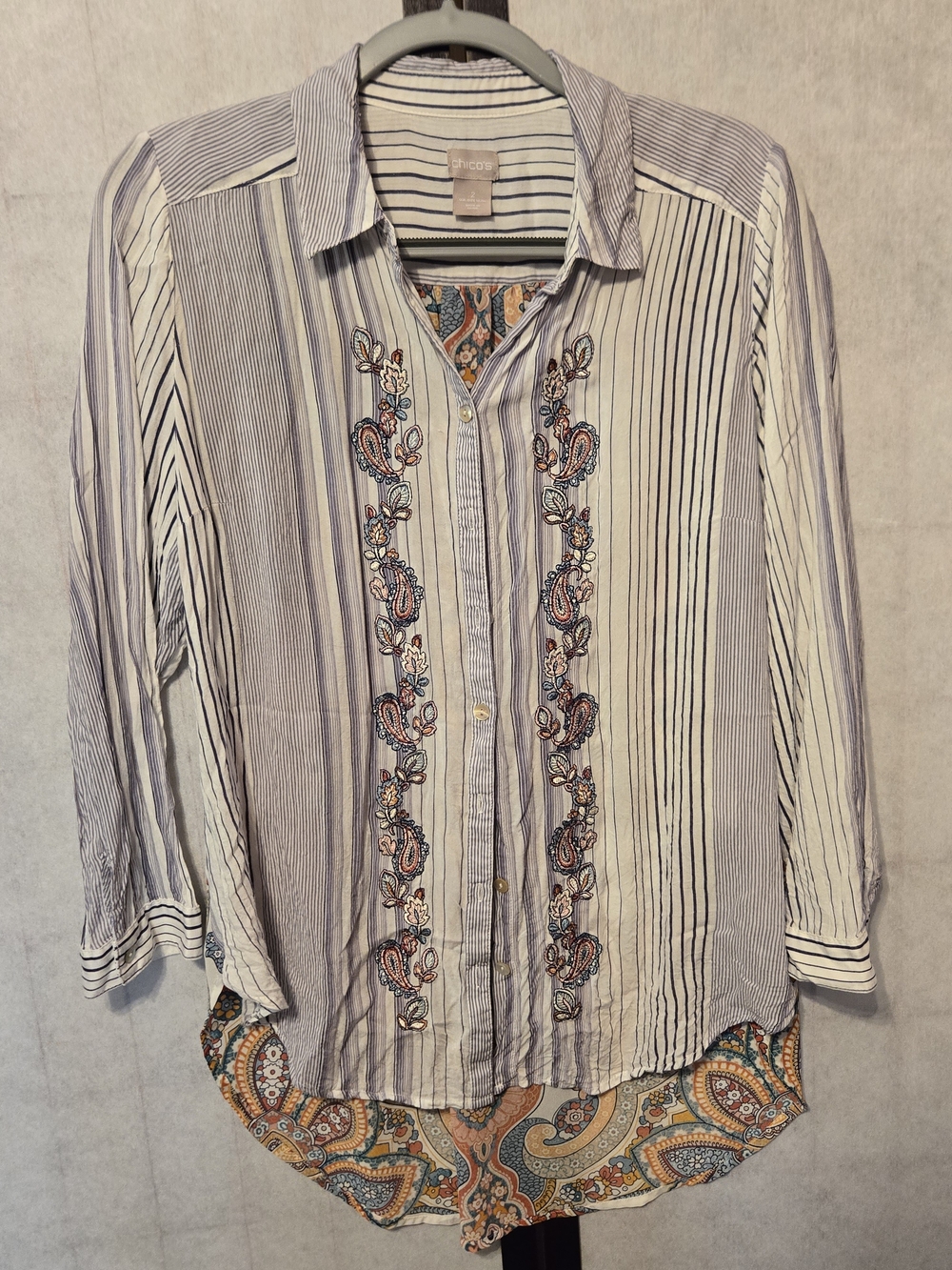 Chico's Striped Embroidered Button-Front Tunic - White & Blue
